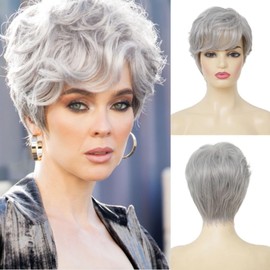 Salaibs Grey Short Curly Wigs for Women with Fringe, Natural Looking Grey Synthetic Hair Wig for Daily Party Use