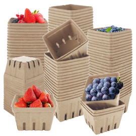LOPYXBR 100 PCS Natural Pulp Fiber Berry Basket Paper Strawberry Basket Molded Farmers Market Basket Small Vented Basket for Fruit Vegetable Farmer Market Kitchen (Brown, 3.9x3.9x2.8 Inch)