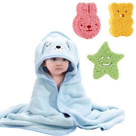HoaaiGo Baby Bath Towels with 3 Bath Sponges, Soft Baby Bath Towel, Child Hooded Towel, Super Absorbent, Baby Washcloth Towels with Cute Ears for Newborns / Toddlers 0-3 Years (Puppy)
