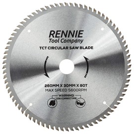 Rennie Tools - 260mm x 30mm x 80T TCT Circular Wood Saw Blade Includes 25mm 20mm & 16mm Bore Reduction Rings. Compatible with Festool Bosch Makita Dewalt Circular Saw Etc.