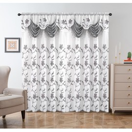 Petrichor Embroidered Sheer Curtain 2 Panels Set - Luxury Window Curtain Attached Valance with Satin Backing and 2 Tie Backs for Living Room,Dining Room, 54x63 inches, Gray