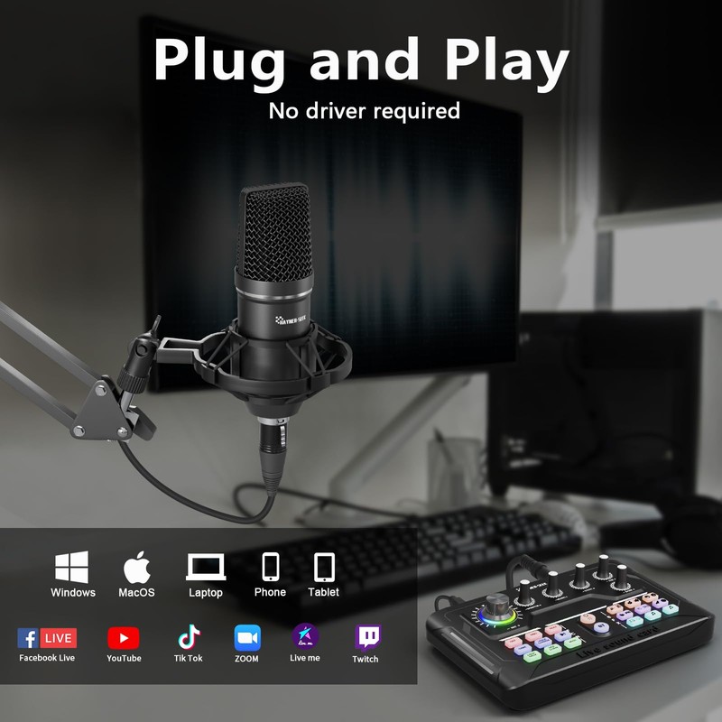 Podcast Equipment Bundle, Audio Interface with DJ Mixer and Condenser