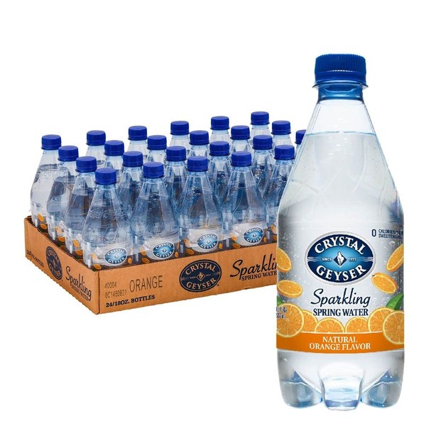 Crystal Geyser Natural Flavored Sparkling Spring Water, Orange, 24 Pack, 18 oz Bottles, No Artificial Ingredients or Sweeteners, Carbonated, Non GMO, Seville, Navel, Mandarin and Valencia Essence