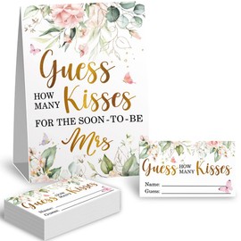 Guess How Many Kisses Bridal Shower Party Game Cards Kit - 1 Sign & 50 Cards Set, Watercolor Floral Butterfly Bridal Shower Party Game Cards, Wedding Shower Games, Bridal Party Decorations