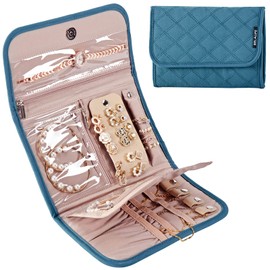 BELALIFE Travel Jewelry Case Organizer, Foldable Jewelry Storage Roll for Earrings, Necklaces, Rings, Bracelets, Brooches, Lake-Blue