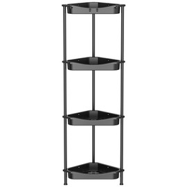 HuggieGems 4 Tier Floor Standing Corner Shower Caddy Organizer Shelf with Hooks, Bathroom Shelves Stand Rack, Jet Black