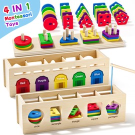 UMEREACT Montessori 4 in 1 Wooden Sorting Shape Sorter and Stacking Toy Box Color Matching Counting Fishing Game Preschool Educational Toys for Toddler 1 2 3 Years Baby Boys and Girls Gifts