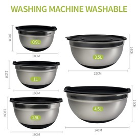 LUMITERRA Stainless Steel Bowl with Lid, Set of 5, 1L, 1.5L, 2L, 3L, 4.5L, Stainless Steel Mixing Bowl with 3 Graters, Non-Slip Base, Salad Bowl, Stackable, Non-Slip, Dishwasher Safe for the Kitchen