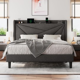 Einhomn Queen Size Upholstered Bed Frame with Charging Station, Platform Bed Frame with Storage Headboard, Solid Wood Slats Support, No Box Spring Needed, Dark Gray