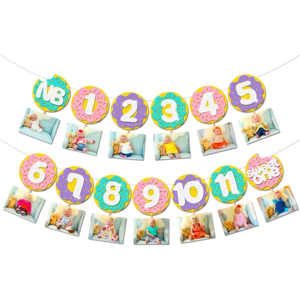 Donut Baby First Birthday Photo Banner Glitter Sweet One Doughnut Sprinkles Kids Monthly Milestone Photo Props Cake Smash Ideas Party Decoration Supplies