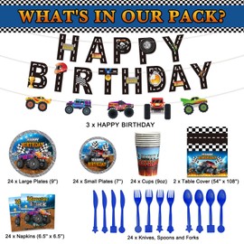 173 Pcs MonsterTruck Birthday Party Supplies Serves 24, MonsterTruck Tablecloth Birthday Banner MonsterTruck Plates Napkins Tableware Set for MonsterTruck Themed Birthday Party Decorations