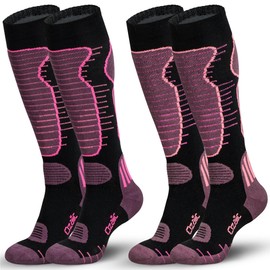 Ozaiic Merino Wool Socks Ski Socks for Men and Women, Breathable Compression Stockings, Thermal Socks, Warm Thick Winter Socks Knee High for Outdoor Sports, Snowboarding, 2 Pairs - Pink
