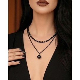 Gothic Layered Necklace for Women – Black Beaded Choker and Pearl Pendant Layered Necklace, Trendy Soft Goth Stack Witchy Jewelry, Dainty Grunge Vintage Gift for Halloween Christmas