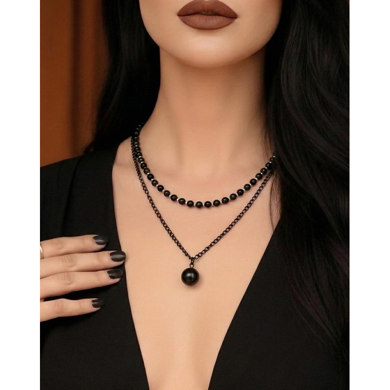 Gothic Layered Necklace for Women – Black Beaded Choker and