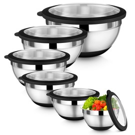 TeamFar Mixing Bowls, 4.6/3.5/2/1.5/1/0.7 QT Stainless Steel Metal Nesting Salad Bowls with Airtight Lids, For Mixing Serving Prepping, Healthy & Heavy Duty, Non-Slip & Visible, Black, Set of 6