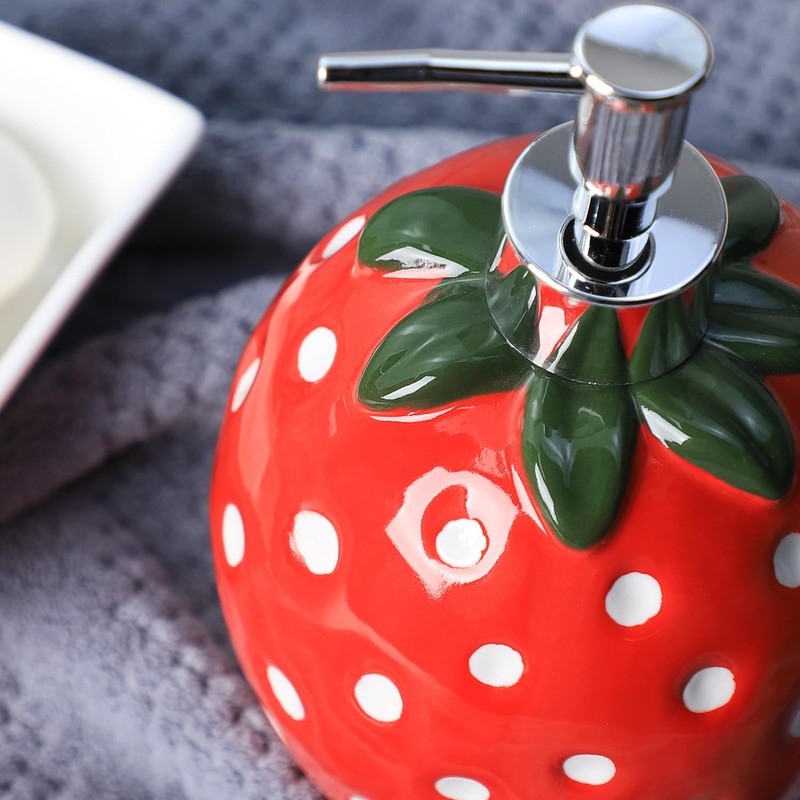 Bicuzat Large Capacity Ceramic Red Strawberry Shaped Soap Dispenser with