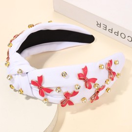 PHALIN Bow Headband for Women Gold Butterfly Bow Knot Headbands Embellished Rhinestone Crystal Wide Top Knot Headband Jeweled Ribbon Bow Hair Accessories Party Favors Gifts (White 3)