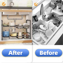 Fliqor Under Sink Organizer，2 Tier Expandable Heavy Duty Metal Shelf，with 5 Removable Panels and 5 storage basket for Under Kitchen Bathroom sink organizers and storage Black