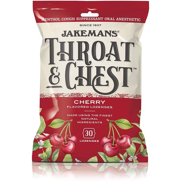 Jakeman’s Throat & Chest Menthol Cough Suppressant Drops – Cherry Flavored - 30 Lozenges