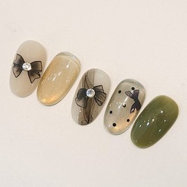 Black chiffon ribbon handmade nail tips - Coffin Long / 블랙쉬폰리본 수제네일팁 - 코핀롱