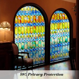 Coavas Stained Glass Window Film Decorative Privacy Cling for Home Bathroom & Front Door, 3D Floral Design, UV Blocking, Heat Control, Non-Adhesive, Reusable,Golden Afterglow, 23.6 x 35.4 Inch