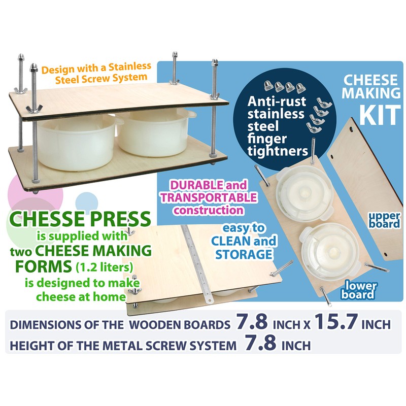 Wooden Cheese Press for Cheese Making Supplies 16in Metal Guides