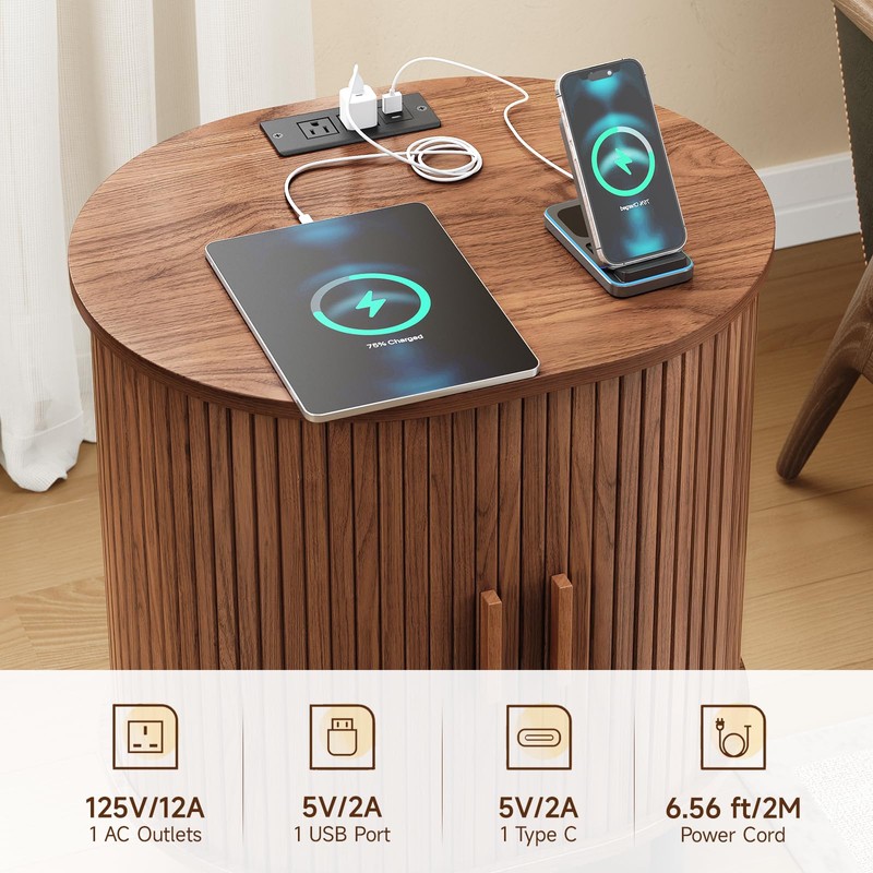 ONBRILL Oval End Table with Storage & Charging Station, Fluted