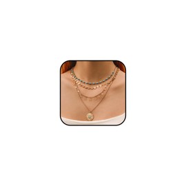 KONPJE Boho Layered Turquoise Necklace for Women Gold Stack Turquoise Bead Chain Necklace Western Coin Pendant Necklace Summer Boho Jewelry, Metal, No Gemstone
