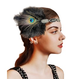 changyexi Flapper Headpiece 1920s Headband Roaring 20s Great Gatsby - Black Peacock Feathers Hair Accessories for Women with Rhinestones