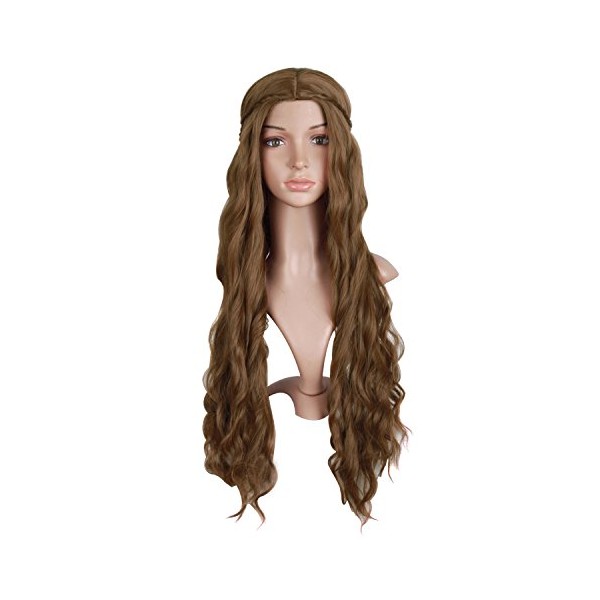 MapofBeauty 30"/75cm Dignified and Elegant Side Bangs Women Long Wavy Curly Cosplay Braided Queen Wigs (Flax Brown)