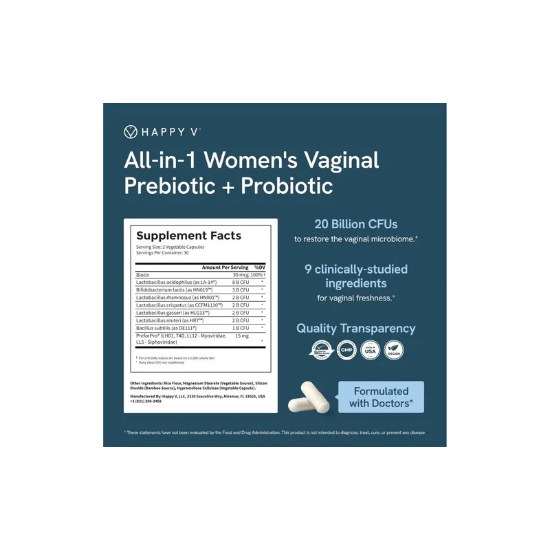 Happy V Womens Daily Prebiotic + Probiotic Flora Vaginal 60c