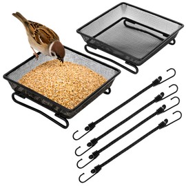 Set of 2 Metal Platform Bird Feeder Tray with 4 Fixed Elastic Rope for Outdoor,7 inch Deck Railing Bird Feeder Tray for Balcony, Backyard,Rust Resistant Design for Wild Birds or Squirrels, Square