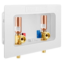 Washing Machine Outlet Box with Center Drain, 1/2" Pex-A F1960 Expansion Inlet x 3/4" MHT Outlet Connection with Hot and Cold 1/4-turn Shut-off Ball Valve and Copper Water Hammer Arrestor