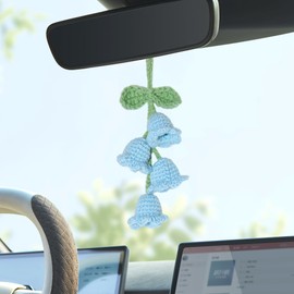 Cute Crochet Plant for Car Rear View Mirror,Boho Handmade Knitted Car Mirror Hanging Accessories for Women Girls, Interior Aesthetic Decor Truck Hanger Ornament Bag Charm (Lily of The Valley)