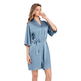Silk Robe for Women Bride Bridesmaid Robe Wedding Party Soft Kimono Bathrobe for Women Short Sleepwear, pigeon blue
