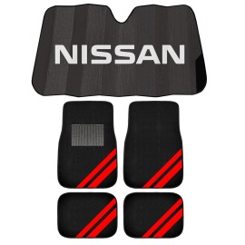 Plasticolor NEW RED STRIPES 4pc Carpet Car Truck Floor Mats & NISSAN BLACK AUTO Sunshade
