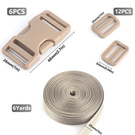 LEBATSION Buckles Straps Kit 1'' - 6 PCS Dual Side Release Buckles, 12 PCS Tri-Glide Sliders, 6 Yards Nylon Webbing 1 inch, Heavy Duty Dual Adjustable No Sewing