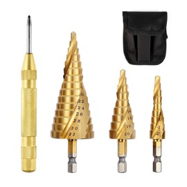 4 Pcs HSS Step Drill Bit Set, Titanium Coated High-Speed Steel Cone Drill Bit with 1/4" Hex Shank Drive for Plastic, Wood, Metal Sheet, Aluminum Hole Drilling