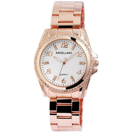Excellanc 1800152 Women's Watch Metal Link Bracelet Luminous Hands Rhinestone Analogue, Rose Gold Silver, Bracelet