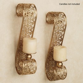 Touch of Class Classic Elegant Scrolling Diandre Metal Wall Sconce Pair - Finished in Antique Gold - Candle Pair Decor - Set of Two - Floral Vine - 16 Inches High