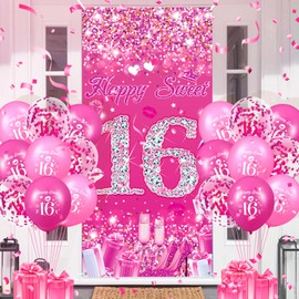 Sweet 16 Birthday Decorations for Girls Pink Happy Sweet 16 Door Banner 16th Birthday Door Cover & 18Pcs Happy Sweet 16 Balloons Hot Pink 16th Birthday Decorations for Sweet Sixteen Birthday