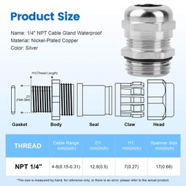 4 Pcs 1/4" NPT Nickel-Plated Copper Waterproof Cable Gland, IP68 Waterproof Adjustable Cable Glands, Strain Relief Cord Grip Connectors with Gaskets and Locknut for 4-8mm Cable Diameter