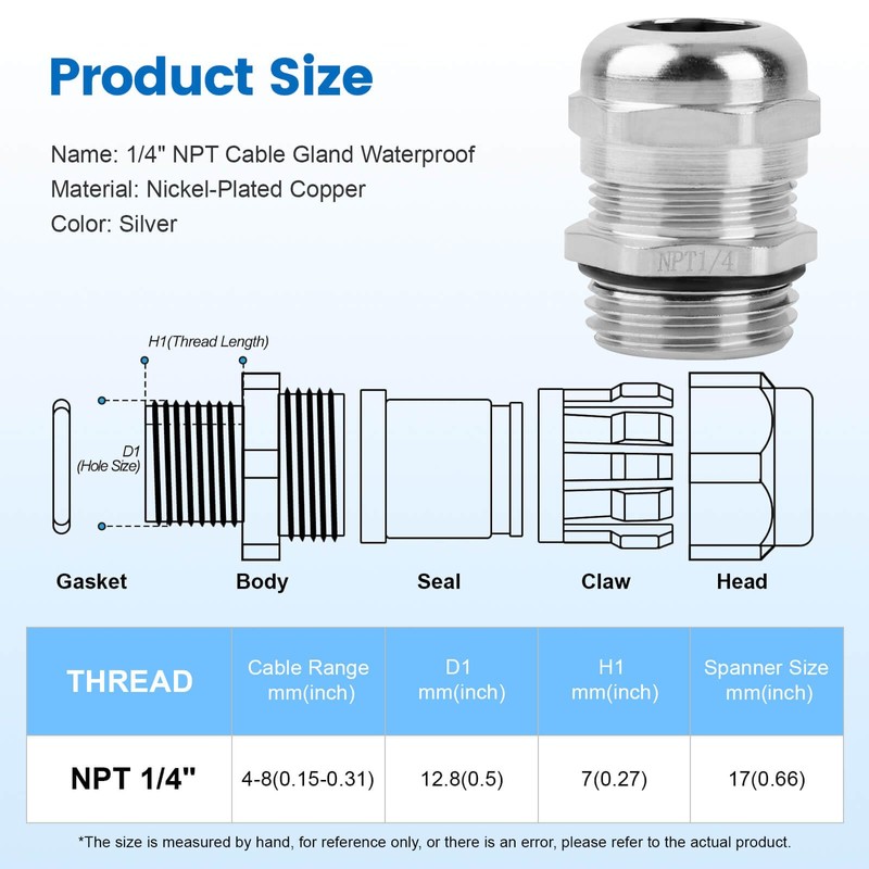4 Pcs 1/4" NPT Nickel-Plated Copper Waterproof Cable Gland, IP68