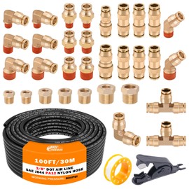 CheeMuii 3/8 Brass DOT Air Fittings With 100 FT 3/8" DOT Air Line Kit Quick Connect Air Line Fittings and Black Pneumatic Tubing for Semi Truck Trailer or Industrial Air Syste