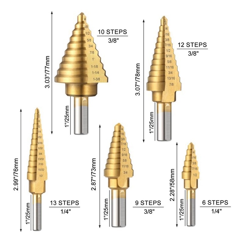 Wexecon 6pcs Step Drill Bit Set, 5 Titanium Coated Hss
