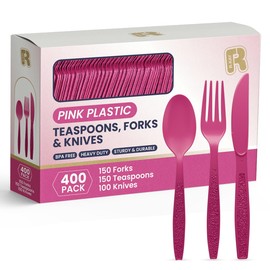 R-kay 400 Pcs Pink Plastic Silverware Heavy Duty Forks Spoons And Knives Plastic Ware Set - BPA Free Utensils Set - Heat Resistance Disposable Silverware For Party