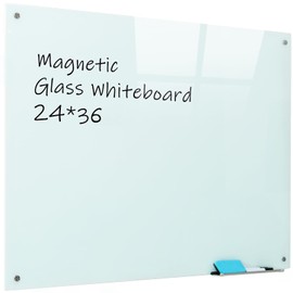 Magnetic Glass Whiteboard, 24"x36"Frameless Dry Erase Board White Board Surface Wall Mounted for Office, Classroom & Home