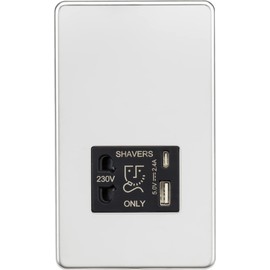 Knightsbridge Screwless Shaver Socket with Dual USB A+C (5V DC 2.4A Shared) - Polished Chrome with Black Insert