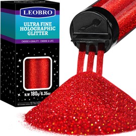 LEOBRO 180G/6.35OZ Holographic Ultra Fine Glitter, 1/128" Resin Glitter Powder Sequins Flakes, Hair Face Body Nail Glitter, Metallic Iridescent Glitter for Resin Tumblers Art Crafts, Red Glitter