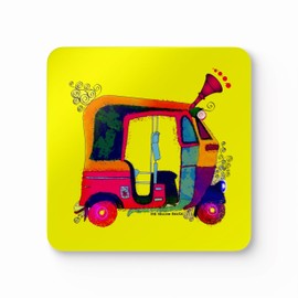 Set of 2 Indian Autorickshaw Coasters | Colorful Desi Art Drink Coaster Set | Funky Rickshaw design | 3.75" x 3.75"